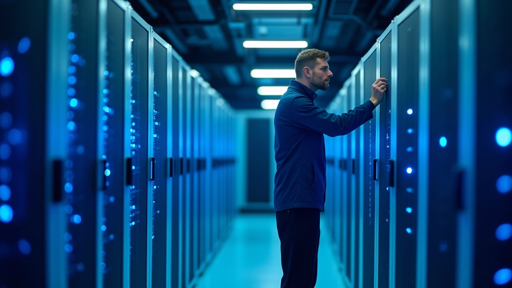 Datenrechenzentrum mit Serverschränken, blauem LED-Licht und Glaswänden