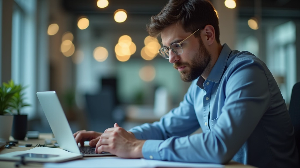 Gründer arbeitet konzentriert an seinem Schreibtisch mit Laptop, umgeben von Notizen und Prototypen