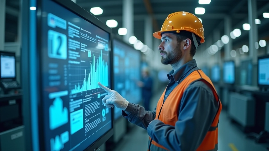 Fabrikarbeiter überwacht intelligente Produktionslinie mit Touchscreen-Interface und Live-Datenvisualisierung