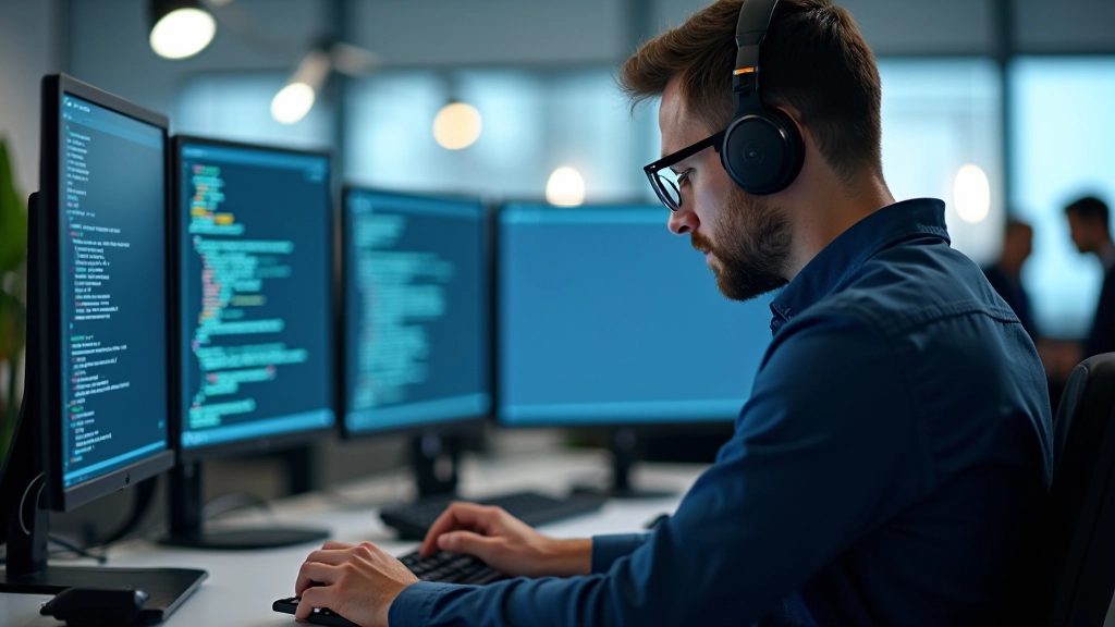IT-Entwickler arbeitet konzentriert am Schreibtisch mit mehreren Monitoren und Code-Editor