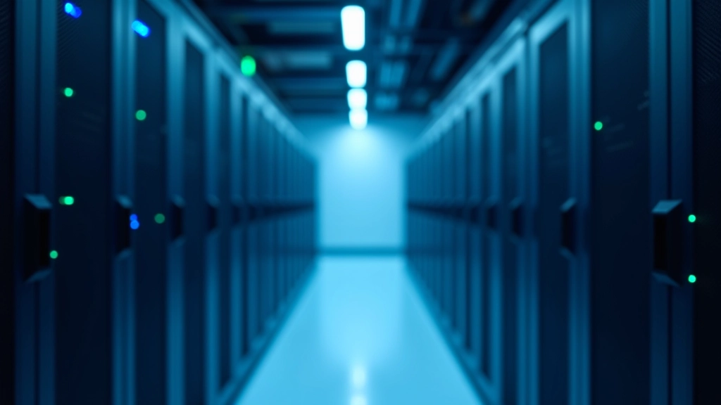 Modernes Rechenzentrum mit mehreren Reihen von Servern, Kühlsystemen und Monitoring-Displays