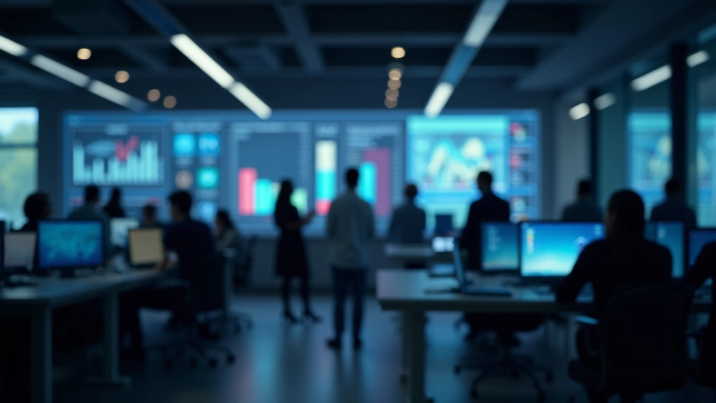 Modernes Tech-Hub-Büro mit digitalen Arbeitsplätzen und Technologie-Displays