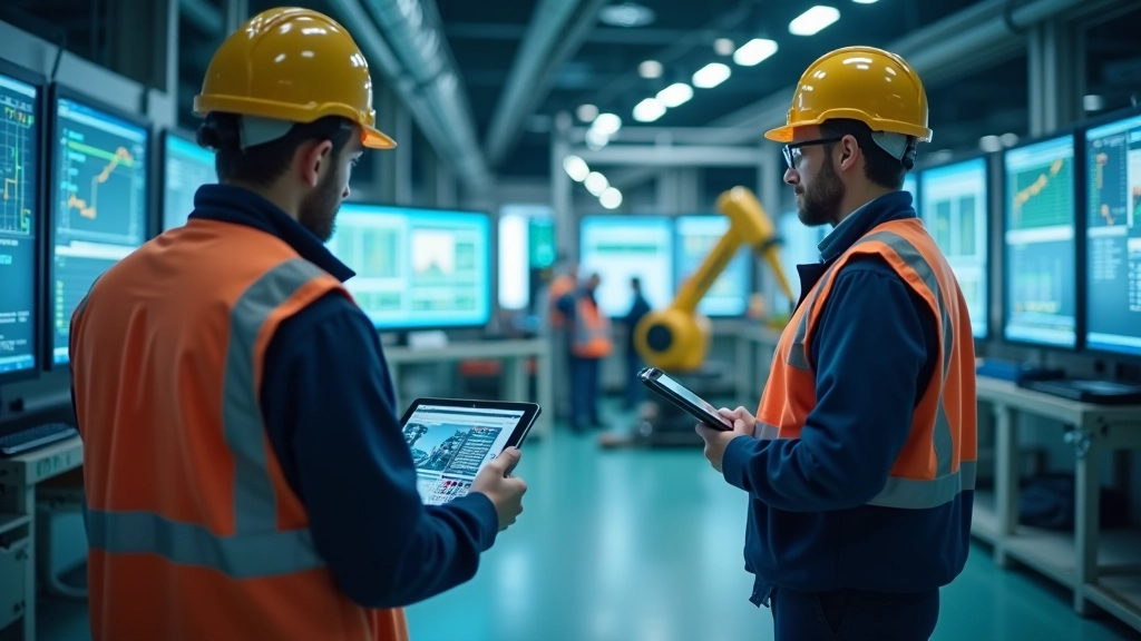 Moderner Fabrikarbeitsplatz mit digitalen Überwachungsbildschirmen und Automatisierungstechnologie