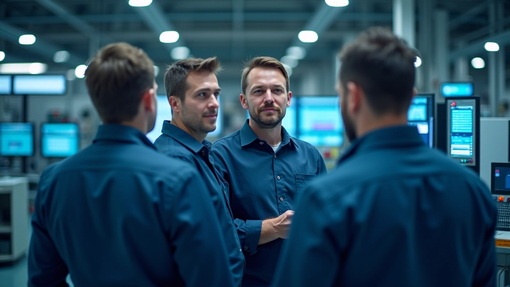 Team aus Ingenieuren und Technikern besprechen sich vor großem Schaltschrank mit Steuerungssystemen und LED-Indikatoren