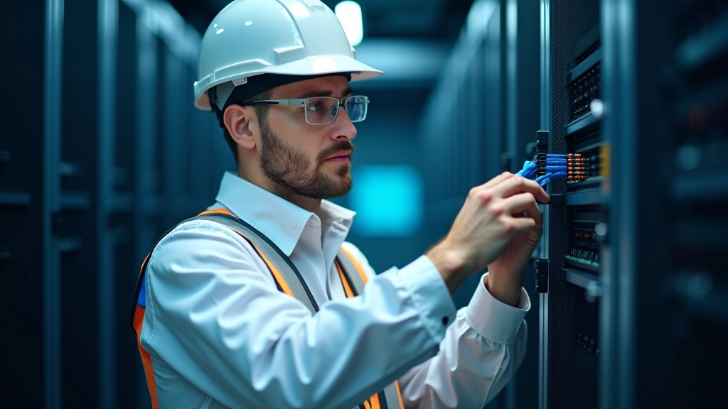 Techniker überprüft Netzwerkkabel und Glasfaserleitungen in modernem Rechenzentrum